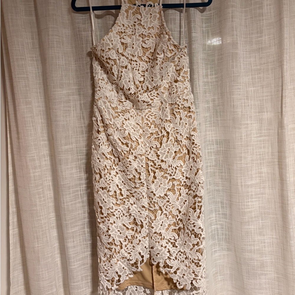 Lulu's Cream Lace Midi Dress with White Floral Overlay